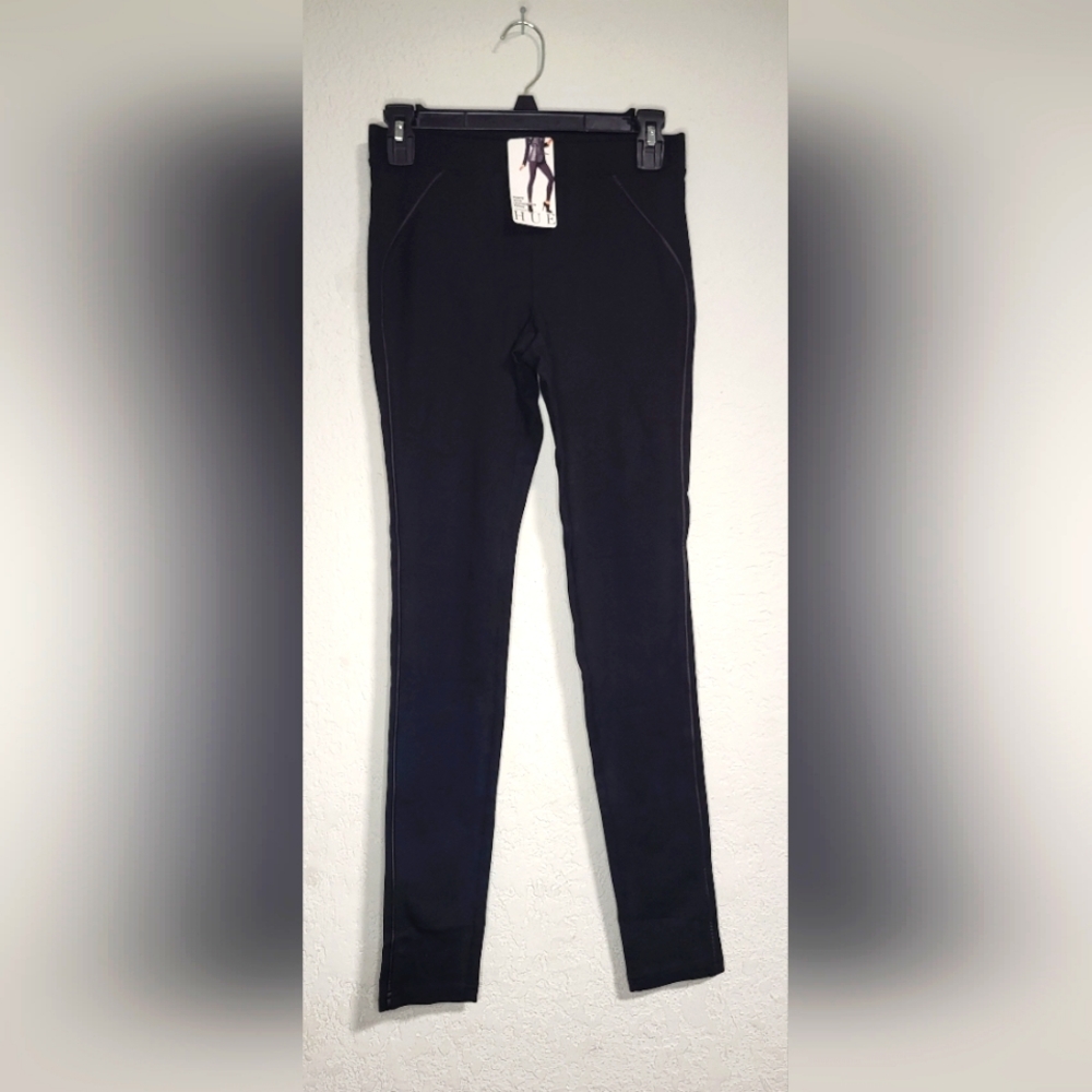 HUE Ponte with Leatherette piping black leggings Size XS